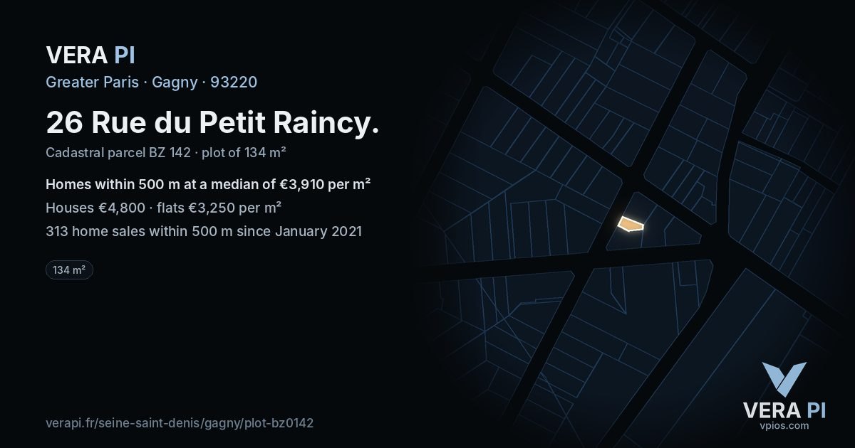 26 Rue du Petit Raincy, Gagny at night – the plot lit, the parcels around coloured by the prices near them