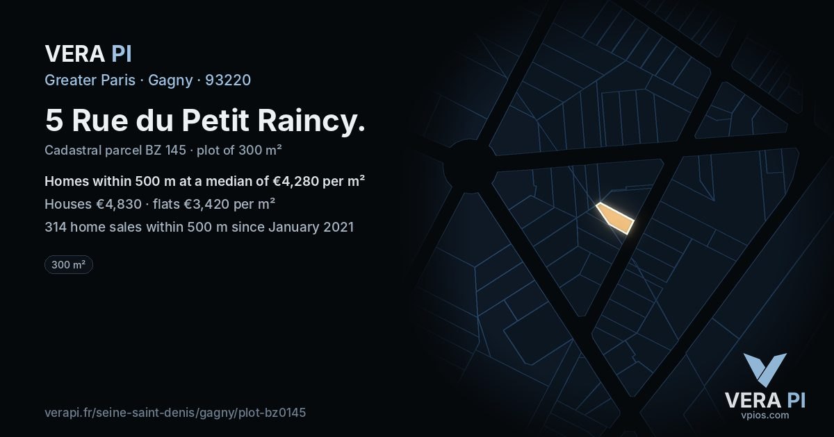 5 Rue du Petit Raincy, Gagny at night – the plot lit, the parcels around coloured by the prices near them