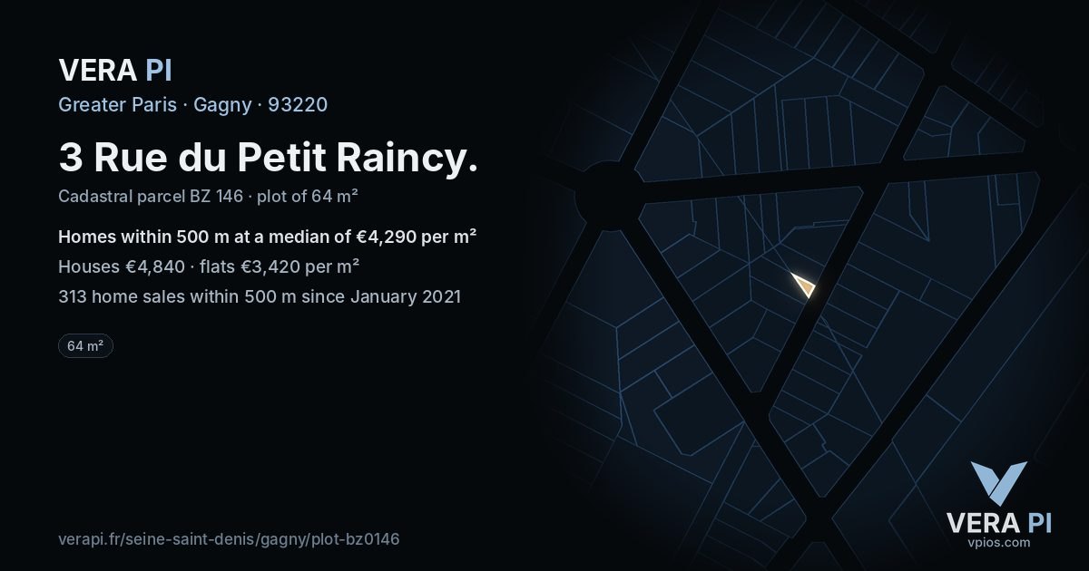 3 Rue du Petit Raincy, Gagny at night – the plot lit, the parcels around coloured by the prices near them