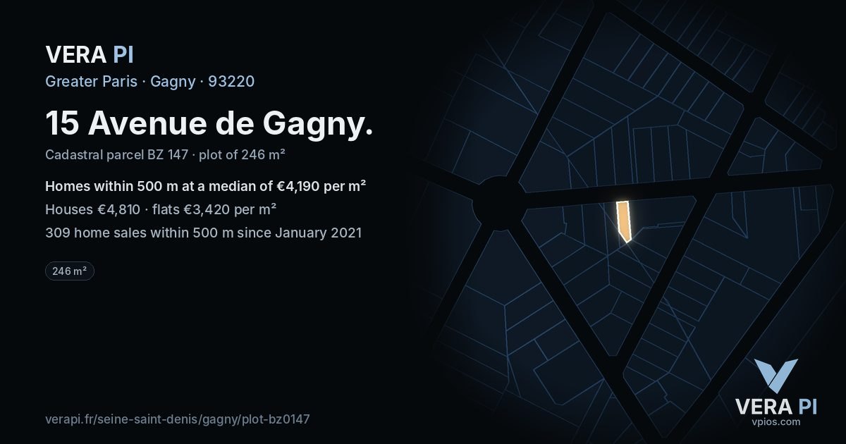 15 Avenue de Gagny, Gagny at night – the plot lit, the parcels around coloured by the prices near them