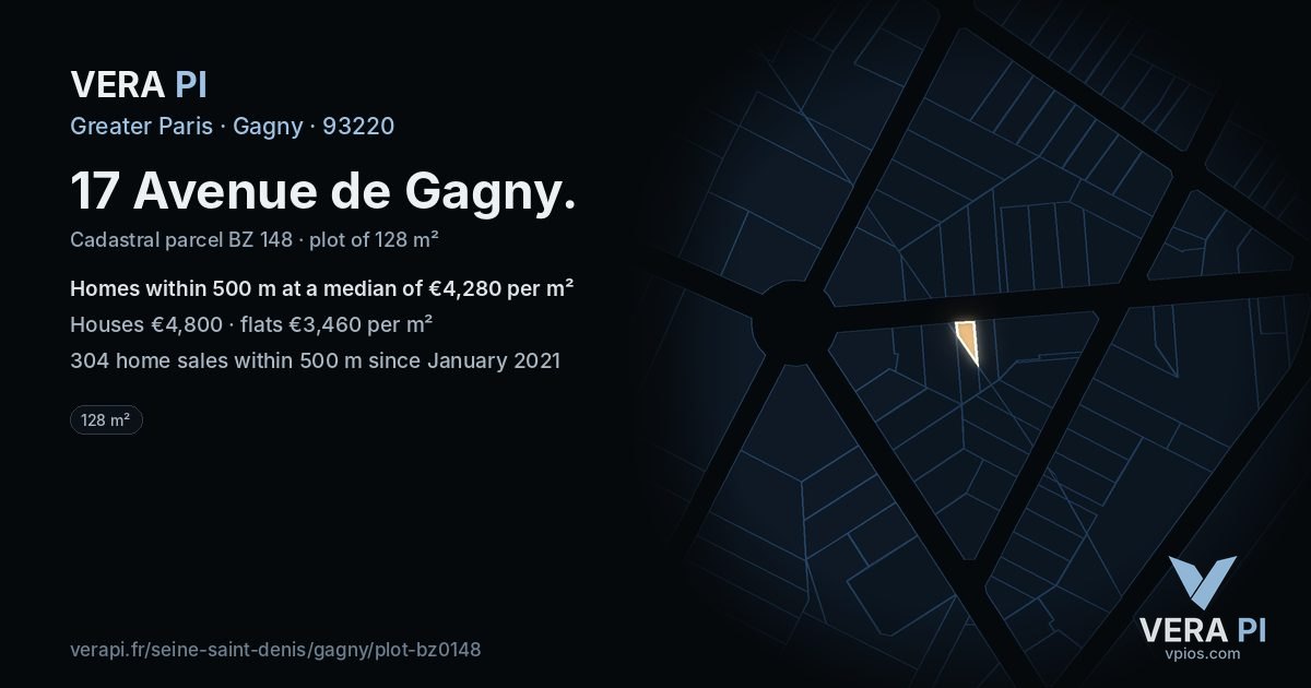 17 Avenue de Gagny, Gagny at night – the plot lit, the parcels around coloured by the prices near them