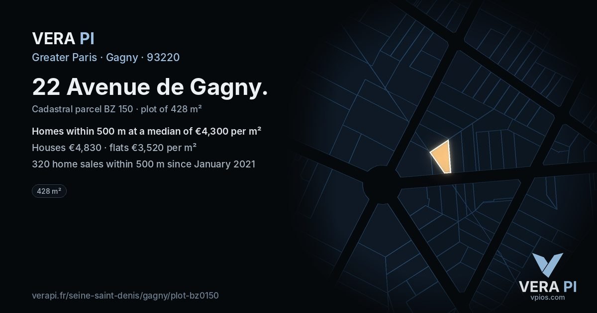 22 Avenue de Gagny, Gagny at night – the plot lit, the parcels around coloured by the prices near them