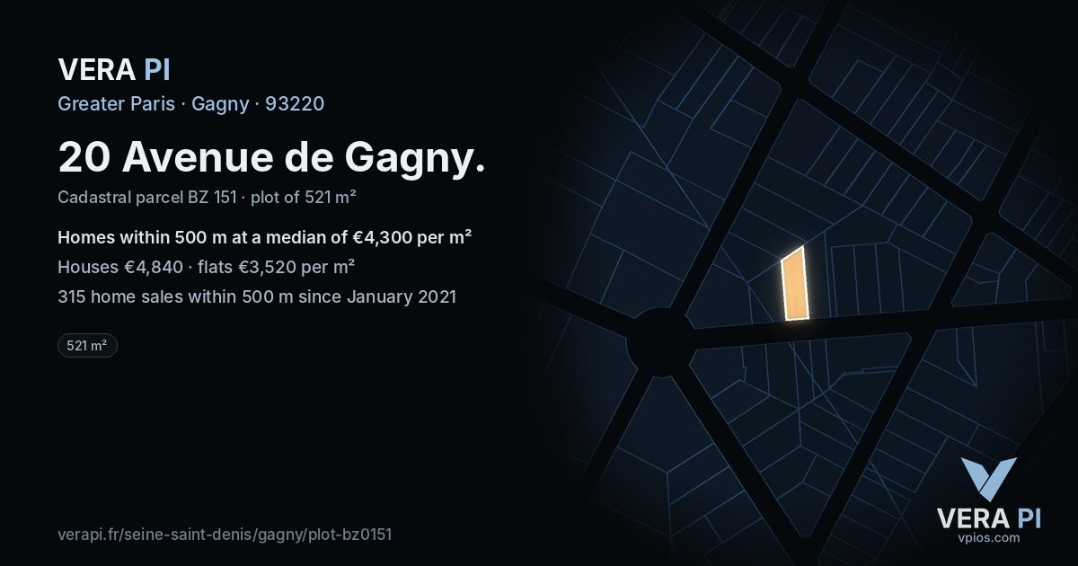 20 Avenue de Gagny, Gagny at night – the plot lit, the parcels around coloured by the prices near them