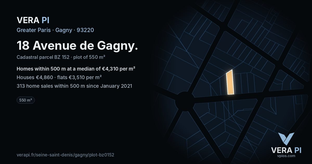 18 Avenue de Gagny, Gagny at night – the plot lit, the parcels around coloured by the prices near them