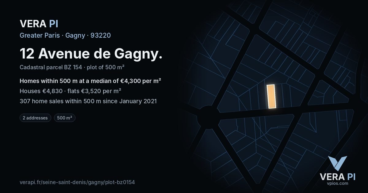 12 Avenue de Gagny, Gagny at night – the plot lit, the parcels around coloured by the prices near them