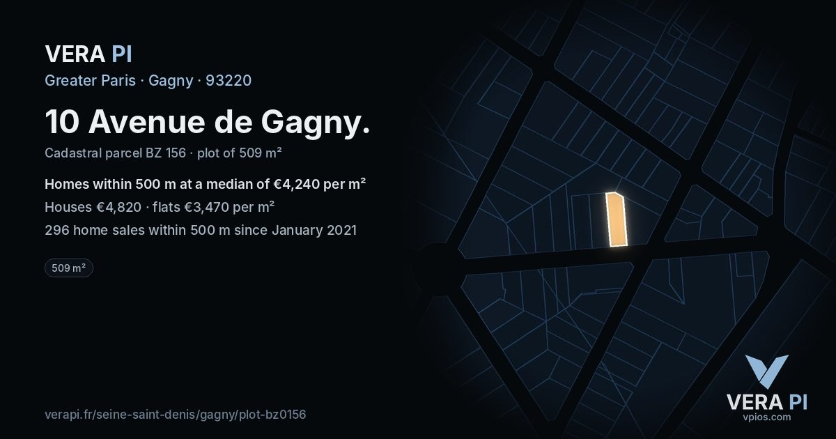 10 Avenue de Gagny, Gagny at night – the plot lit, the parcels around coloured by the prices near them