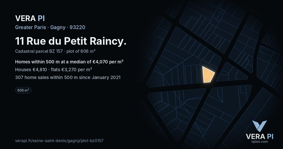 11 Rue du Petit Raincy, Gagny at night – the plot lit, the parcels around coloured by the prices near them