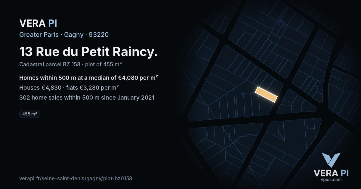 13 Rue du Petit Raincy, Gagny at night – the plot lit, the parcels around coloured by the prices near them