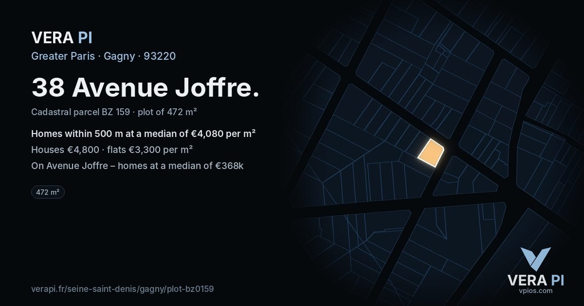 38 Avenue Joffre, Gagny at night – the plot lit, the parcels around coloured by the prices near them
