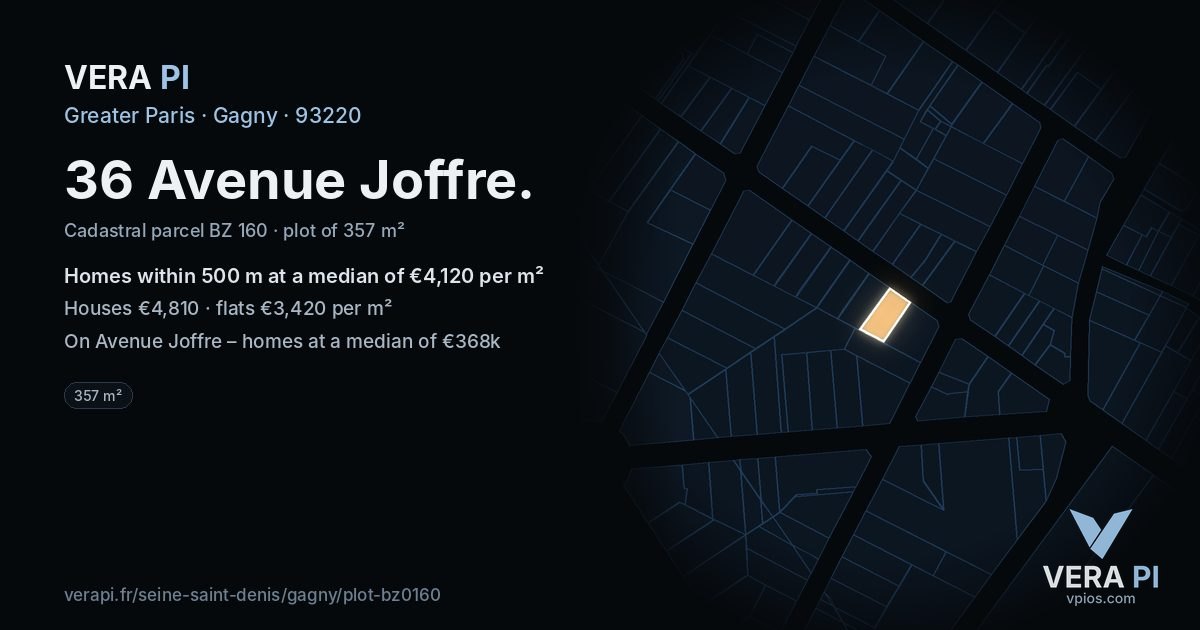 36 Avenue Joffre, Gagny at night – the plot lit, the parcels around coloured by the prices near them
