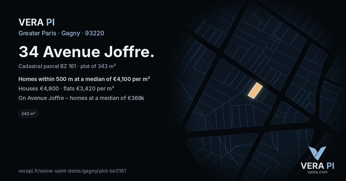 34 Avenue Joffre, Gagny at night – the plot lit, the parcels around coloured by the prices near them