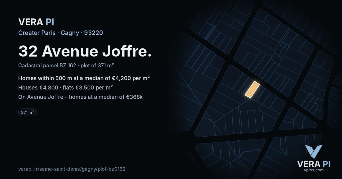 32 Avenue Joffre, Gagny at night – the plot lit, the parcels around coloured by the prices near them
