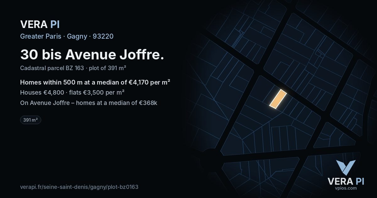 30 bis Avenue Joffre, Gagny at night – the plot lit, the parcels around coloured by the prices near them
