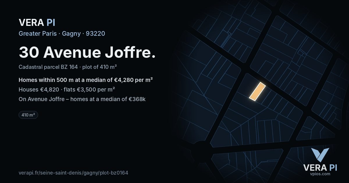 30 Avenue Joffre, Gagny at night – the plot lit, the parcels around coloured by the prices near them