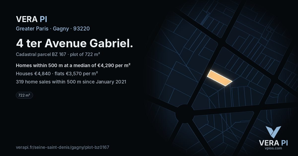 4 ter Avenue Gabriel, Gagny at night – the plot lit, the parcels around coloured by the prices near them