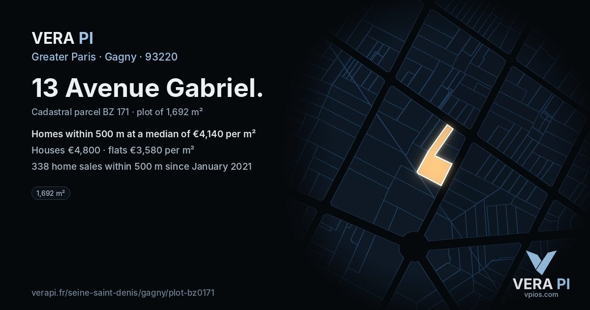 13 Avenue Gabriel, Gagny at night – the plot lit, the parcels around coloured by the prices near them