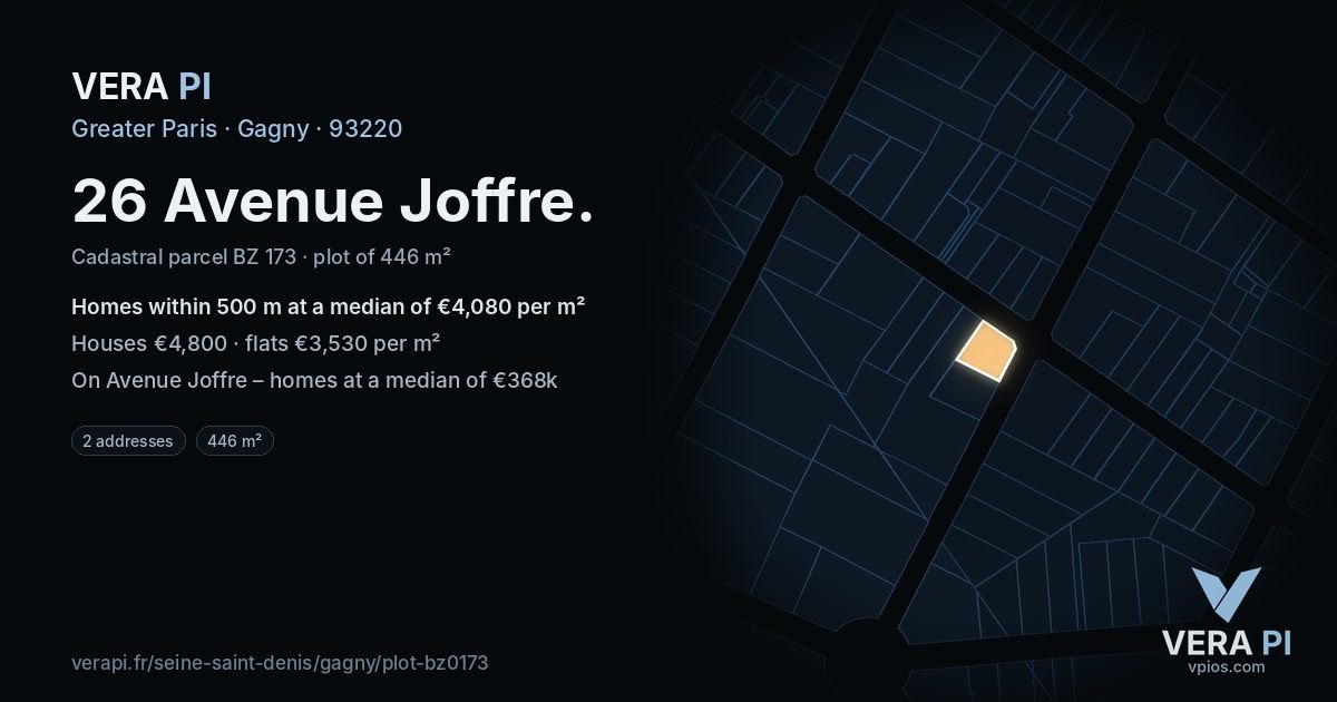26 Avenue Joffre, Gagny at night – the plot lit, the parcels around coloured by the prices near them