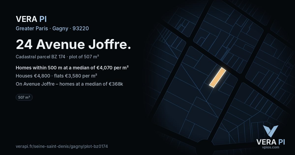 24 Avenue Joffre, Gagny at night – the plot lit, the parcels around coloured by the prices near them