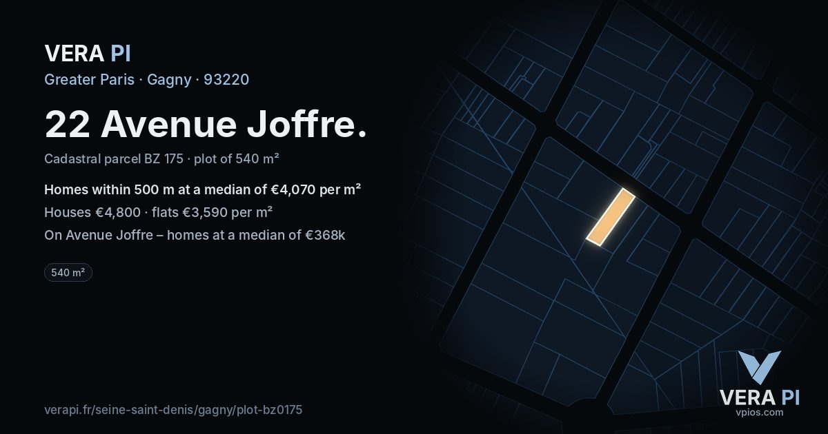 22 Avenue Joffre, Gagny at night – the plot lit, the parcels around coloured by the prices near them
