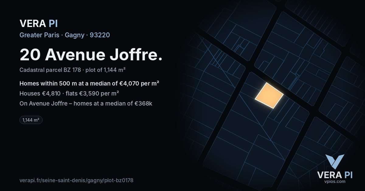 20 Avenue Joffre, Gagny at night – the plot lit, the parcels around coloured by the prices near them