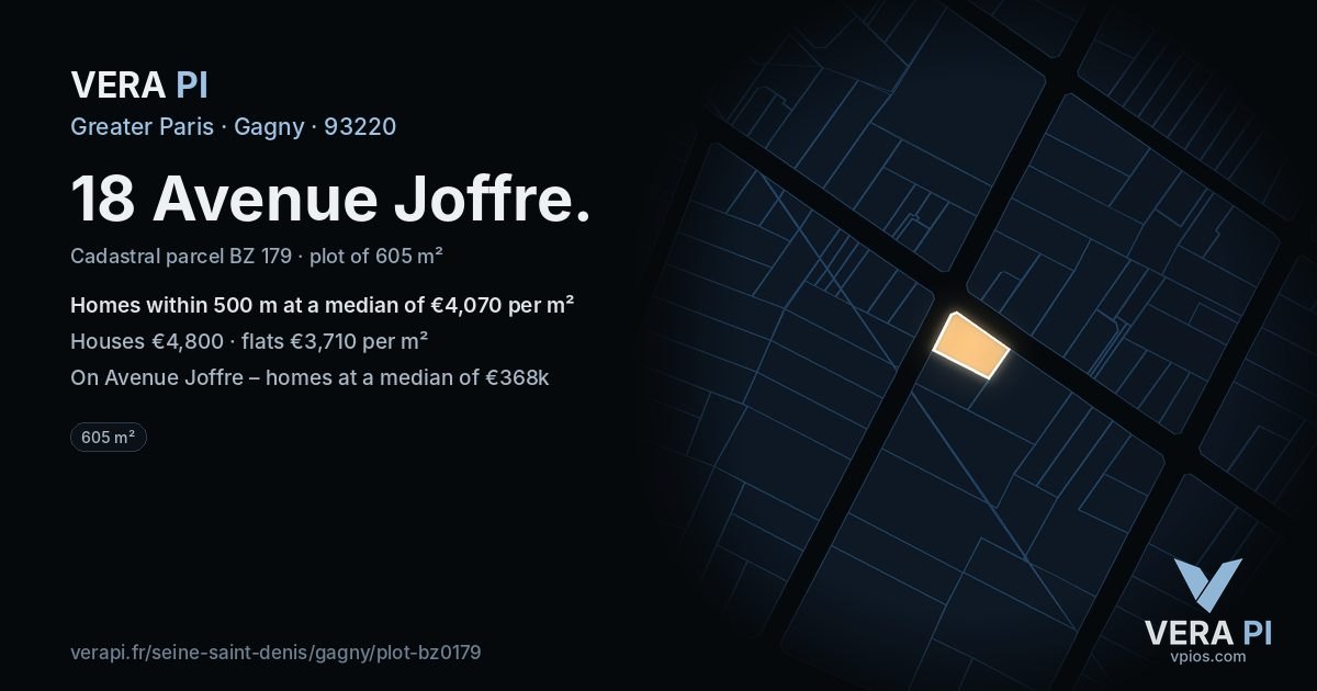 18 Avenue Joffre, Gagny at night – the plot lit, the parcels around coloured by the prices near them