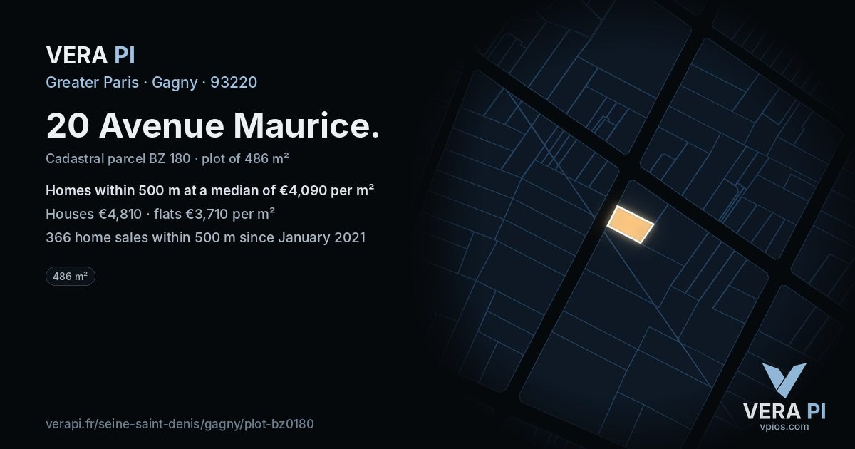 20 Avenue Maurice, Gagny at night – the plot lit, the parcels around coloured by the prices near them