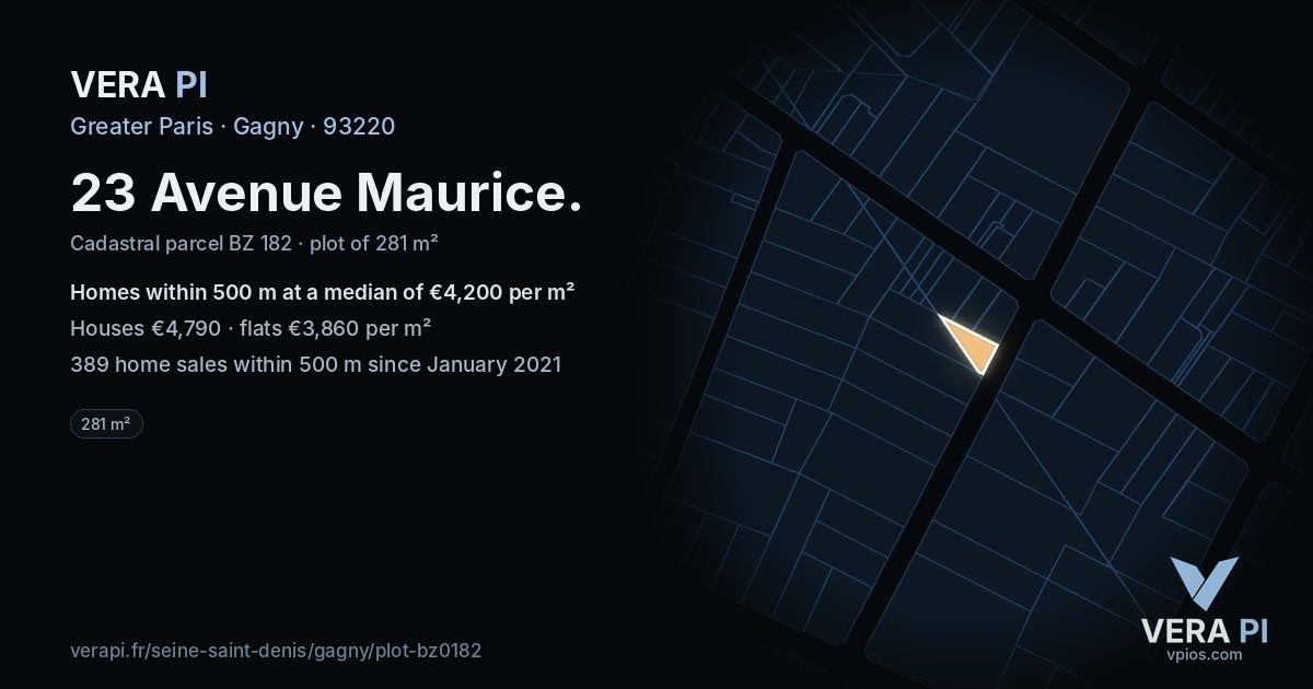 23 Avenue Maurice, Gagny at night – the plot lit, the parcels around coloured by the prices near them
