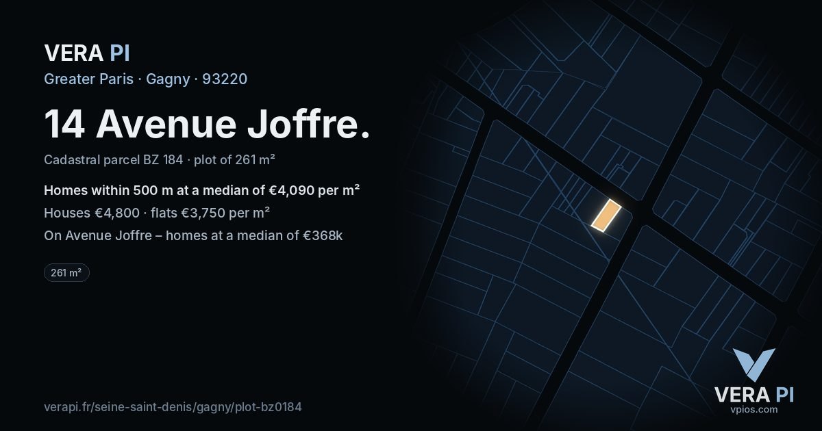 14 Avenue Joffre, Gagny at night – the plot lit, the parcels around coloured by the prices near them
