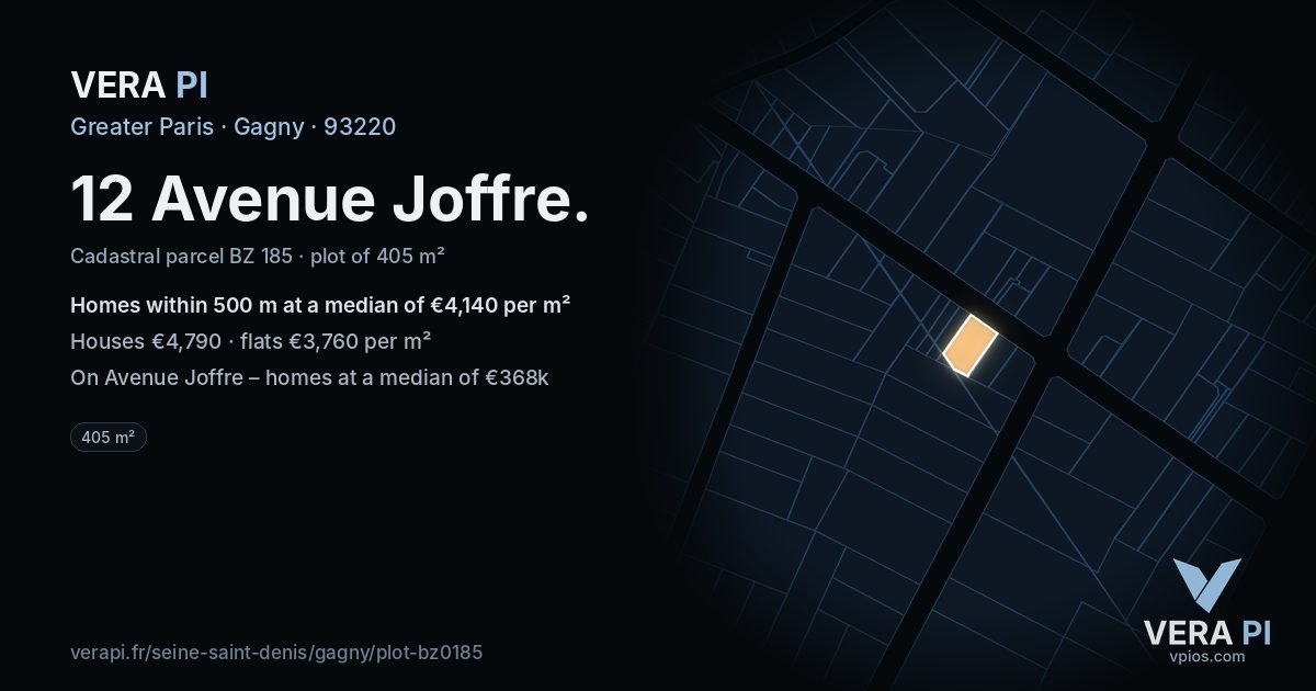 12 Avenue Joffre, Gagny at night – the plot lit, the parcels around coloured by the prices near them