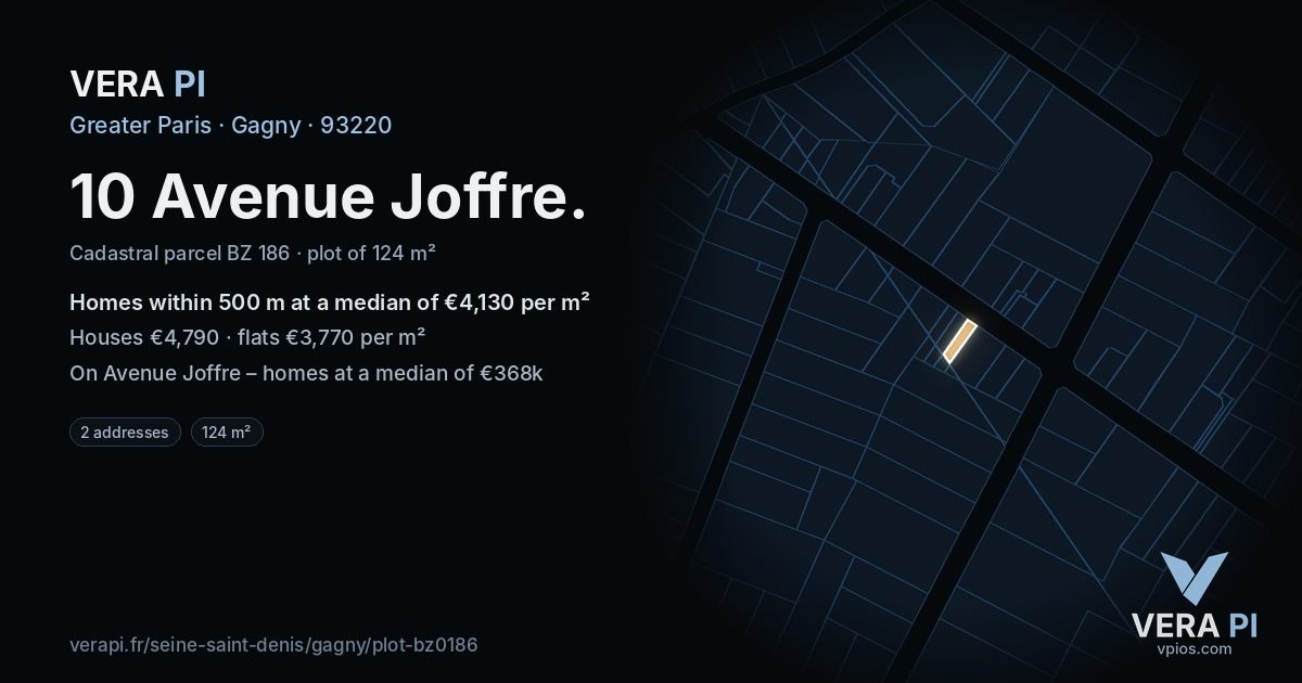 10 Avenue Joffre, Gagny at night – the plot lit, the parcels around coloured by the prices near them
