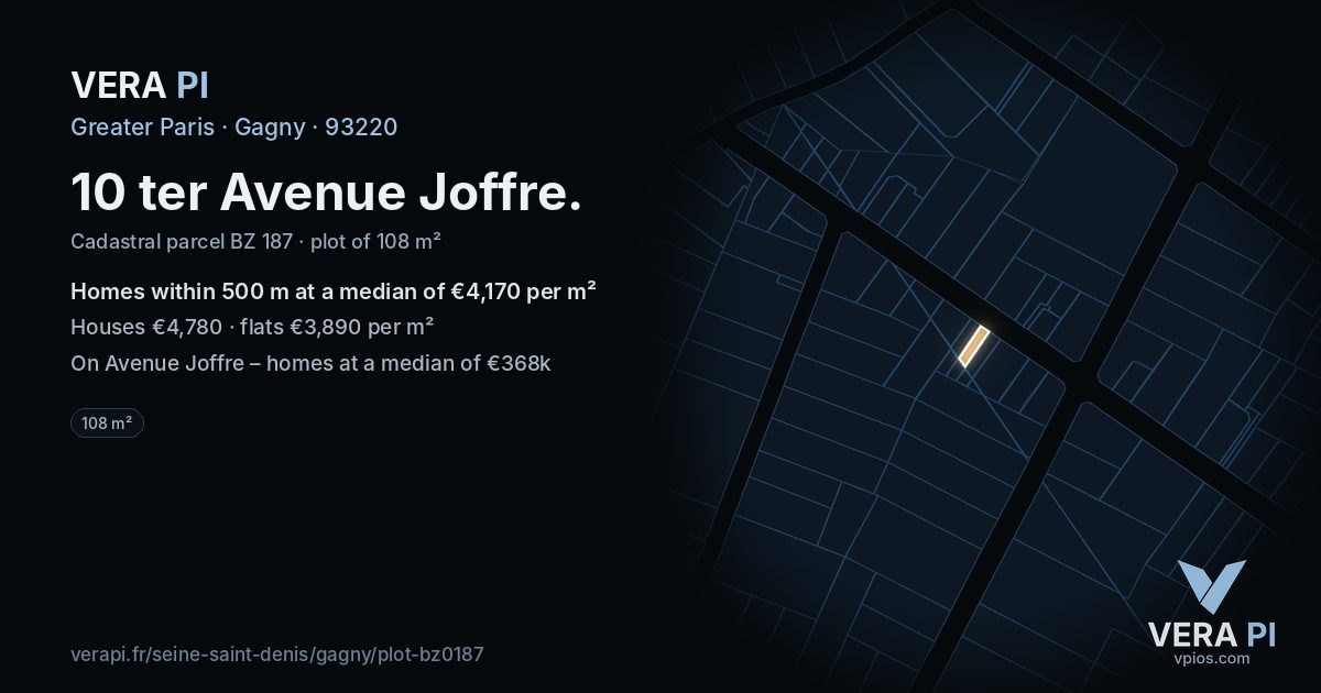 10 ter Avenue Joffre, Gagny at night – the plot lit, the parcels around coloured by the prices near them