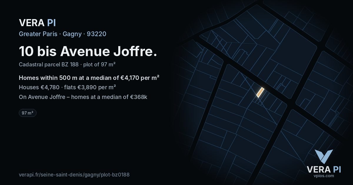 10 bis Avenue Joffre, Gagny at night – the plot lit, the parcels around coloured by the prices near them