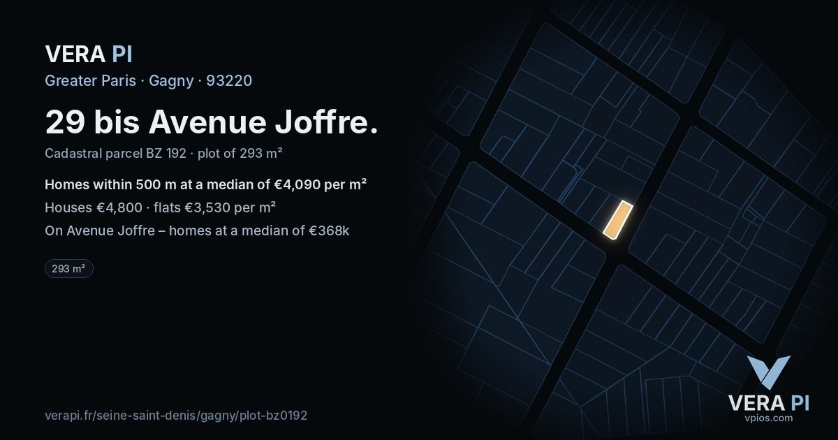 29 bis Avenue Joffre, Gagny at night – the plot lit, the parcels around coloured by the prices near them