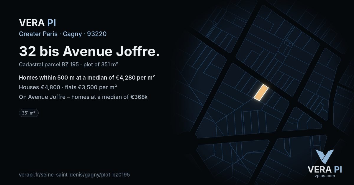 32 bis Avenue Joffre, Gagny at night – the plot lit, the parcels around coloured by the prices near them