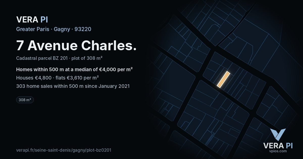 7 Avenue Charles, Gagny at night – the plot lit, the parcels around coloured by the prices near them