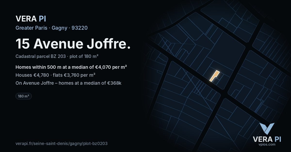 15 Avenue Joffre, Gagny at night – the plot lit, the parcels around coloured by the prices near them