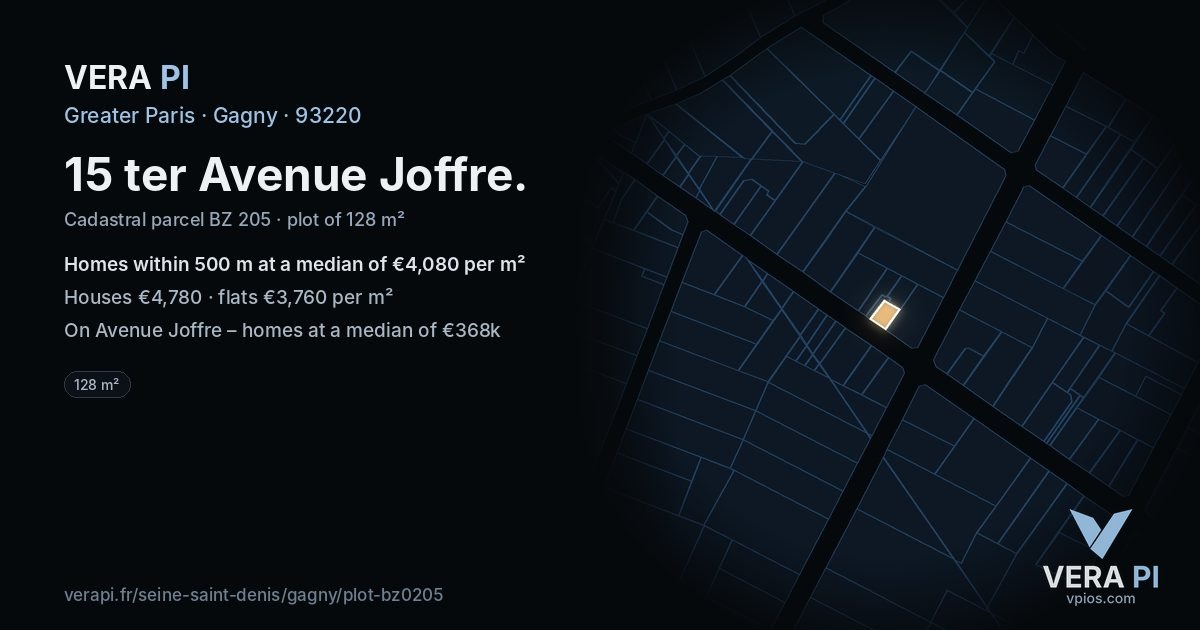 15 ter Avenue Joffre, Gagny at night – the plot lit, the parcels around coloured by the prices near them