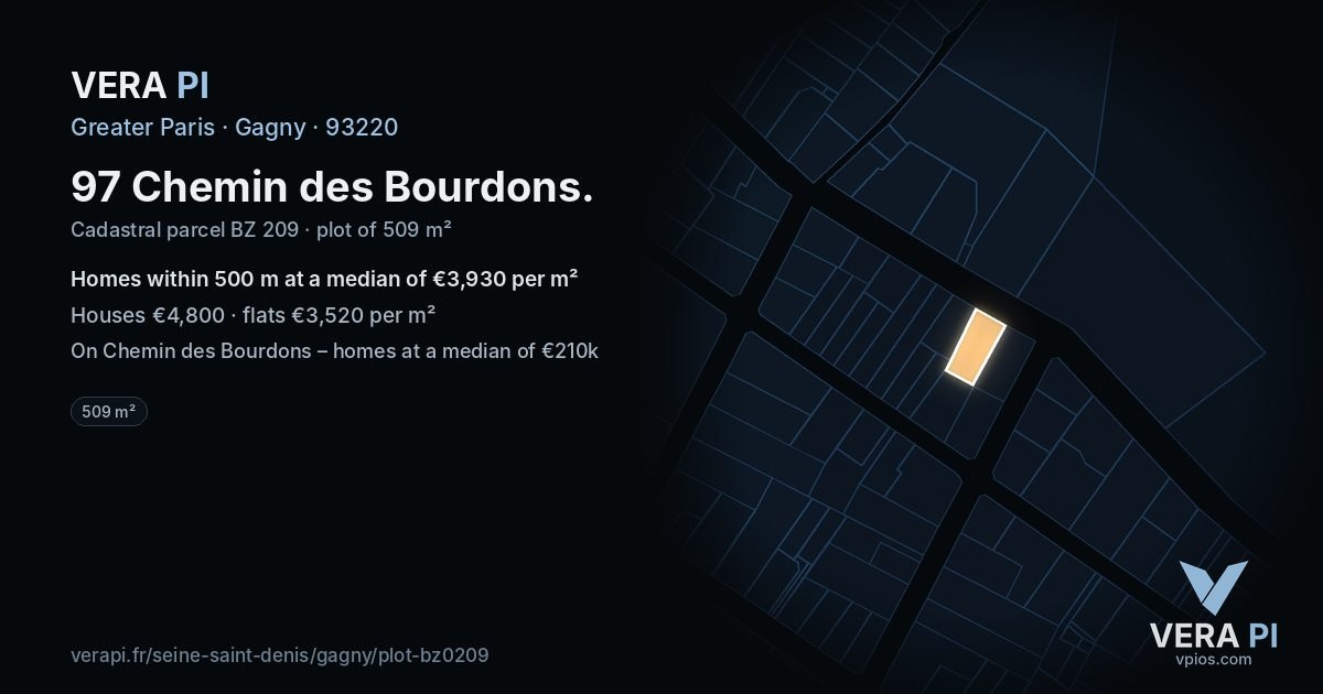 97 Chemin des Bourdons, Gagny at night – the plot lit, the parcels around coloured by the prices near them
