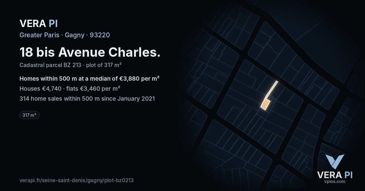18 bis Avenue Charles, Gagny at night – the plot lit, the parcels around coloured by the prices near them