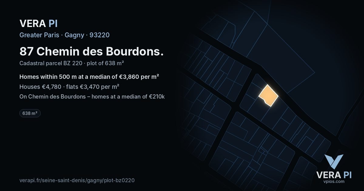 87 Chemin des Bourdons, Gagny at night – the plot lit, the parcels around coloured by the prices near them
