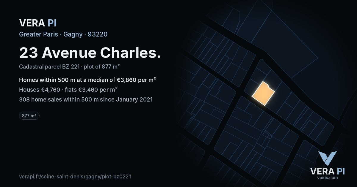 23 Avenue Charles, Gagny at night – the plot lit, the parcels around coloured by the prices near them