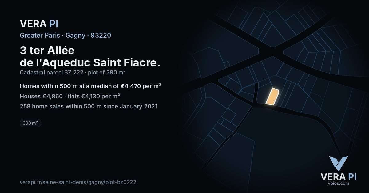 3 ter Allée de l'Aqueduc Saint Fiacre, Gagny at night – the plot lit, the parcels around coloured by the prices near them