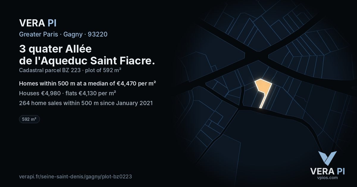 3 quater Allée de l'Aqueduc Saint Fiacre, Gagny at night – the plot lit, the parcels around coloured by the prices near them