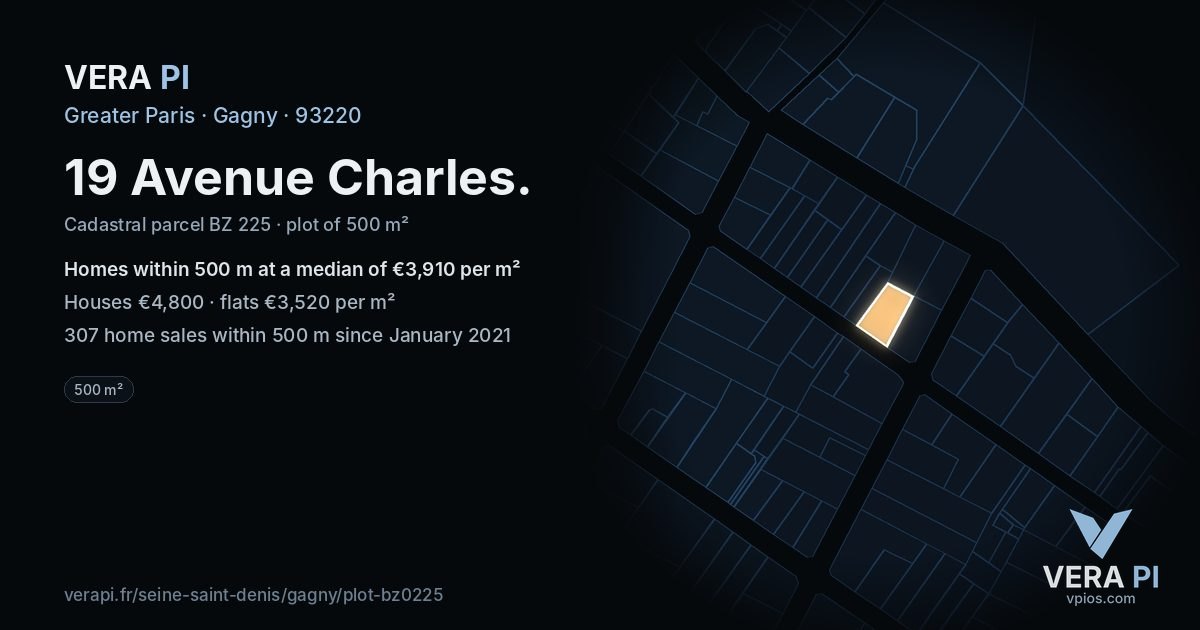 19 Avenue Charles, Gagny at night – the plot lit, the parcels around coloured by the prices near them