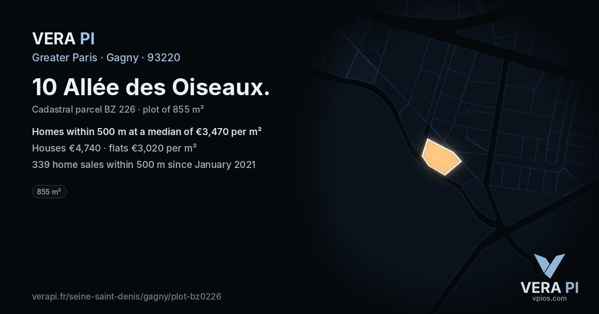 10 Allée des Oiseaux, Gagny at night – the plot lit, the parcels around coloured by the prices near them