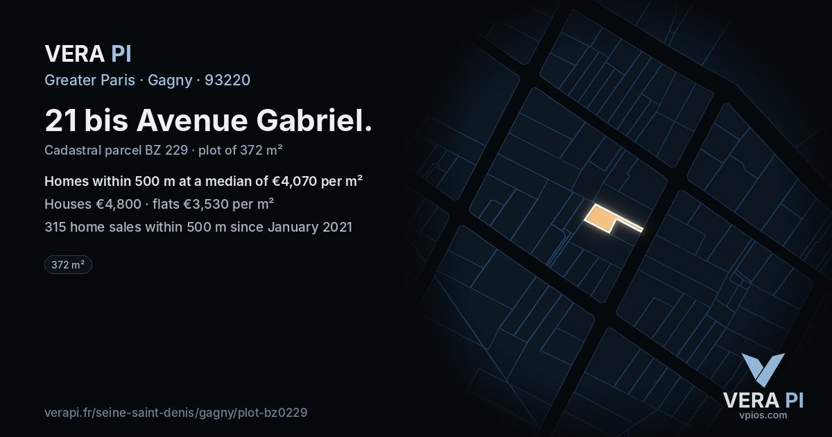 21 bis Avenue Gabriel, Gagny at night – the plot lit, the parcels around coloured by the prices near them
