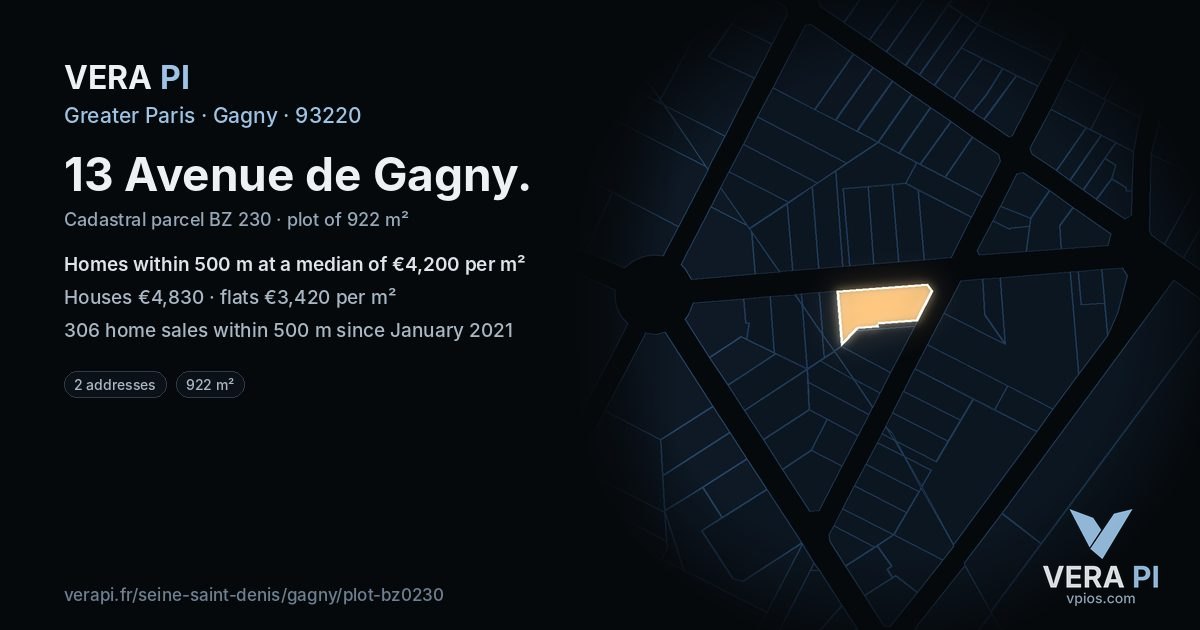 13 Avenue de Gagny, Gagny at night – the plot lit, the parcels around coloured by the prices near them