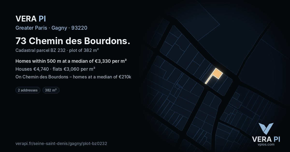 73 Chemin des Bourdons, Gagny at night – the plot lit, the parcels around coloured by the prices near them