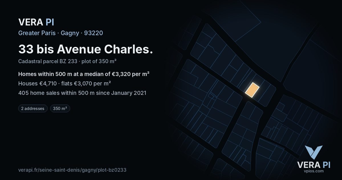 33 bis Avenue Charles, Gagny at night – the plot lit, the parcels around coloured by the prices near them