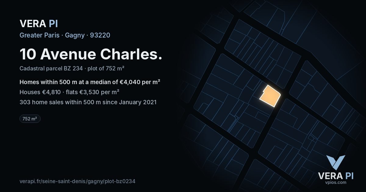 10 Avenue Charles, Gagny at night – the plot lit, the parcels around coloured by the prices near them
